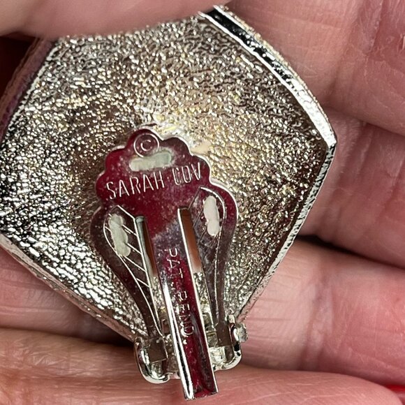 Vintage Sarah Cov Clip-On Earrings Silver-Tone Diamond Shape with Textured & Smo - Picture 2 of 4